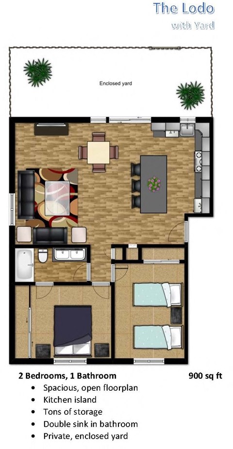 Floor plan for 2 beds, 1 bath, 900 sqft